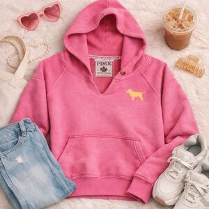Victoria’s Secret PINK Hoodie L Pink Pullover Logo Graphic Kangaroo Pocket Rare